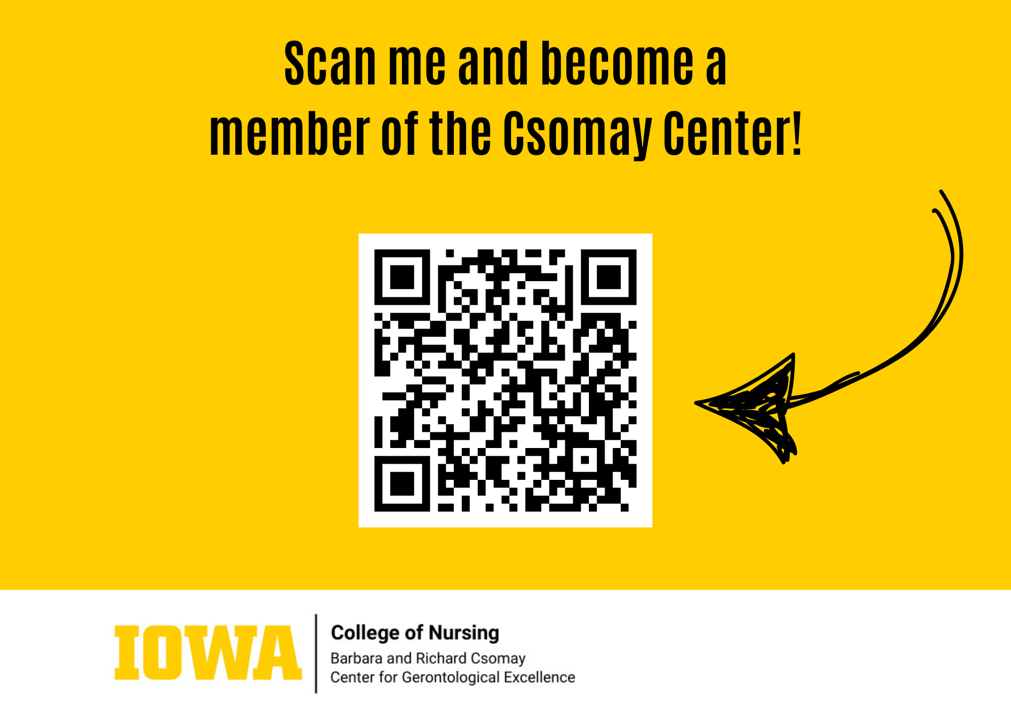 "Scan me and become a member of the Csomay Center" gold slide with a QR code.
