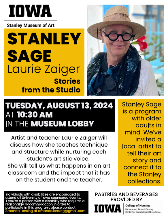 "Stanley Sage, Laurie Zaiger, Stories from the Studio." A woman with round black glasses, a straw hat, and a navy scarf smiles at the camera. 