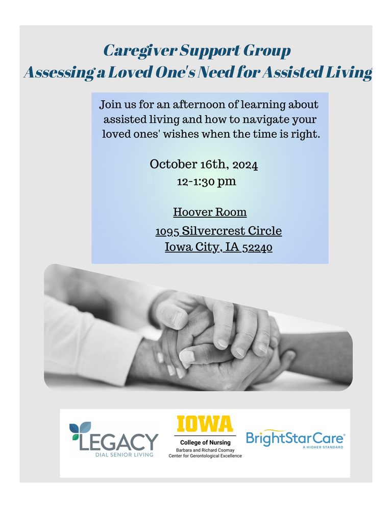 "Caregiver Support Group: Assessing a Loved One's Need for Assisted Living" Flyer with date, time, and location details.