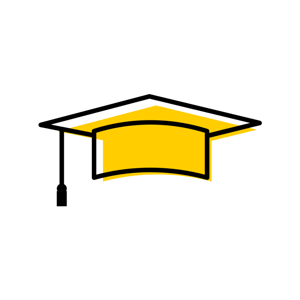 Gold and black graduation cap graphic.