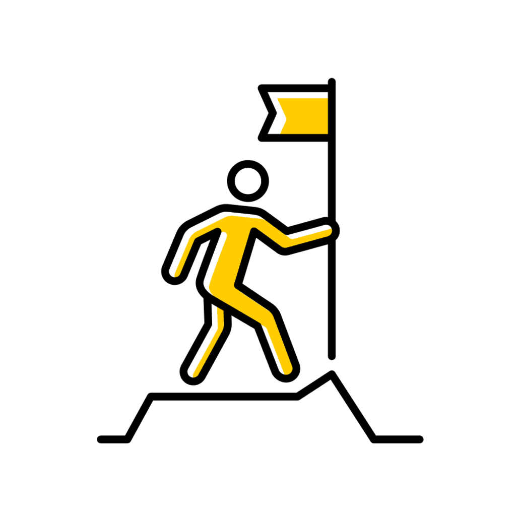 A graphic shows a person climbing a hill and putting a flag at the top.
