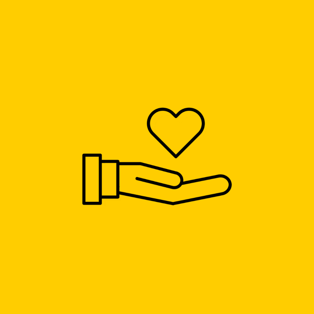 An outline of a hand holds a heart on a black background.