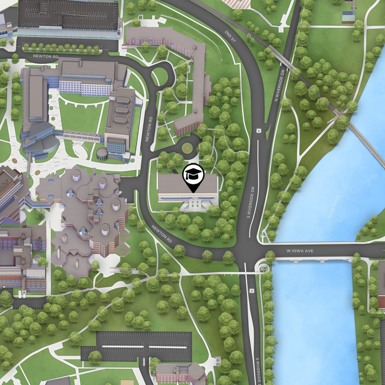A map demonstrates the location of the College of Nursing on the west side of campus and the Iowa River.