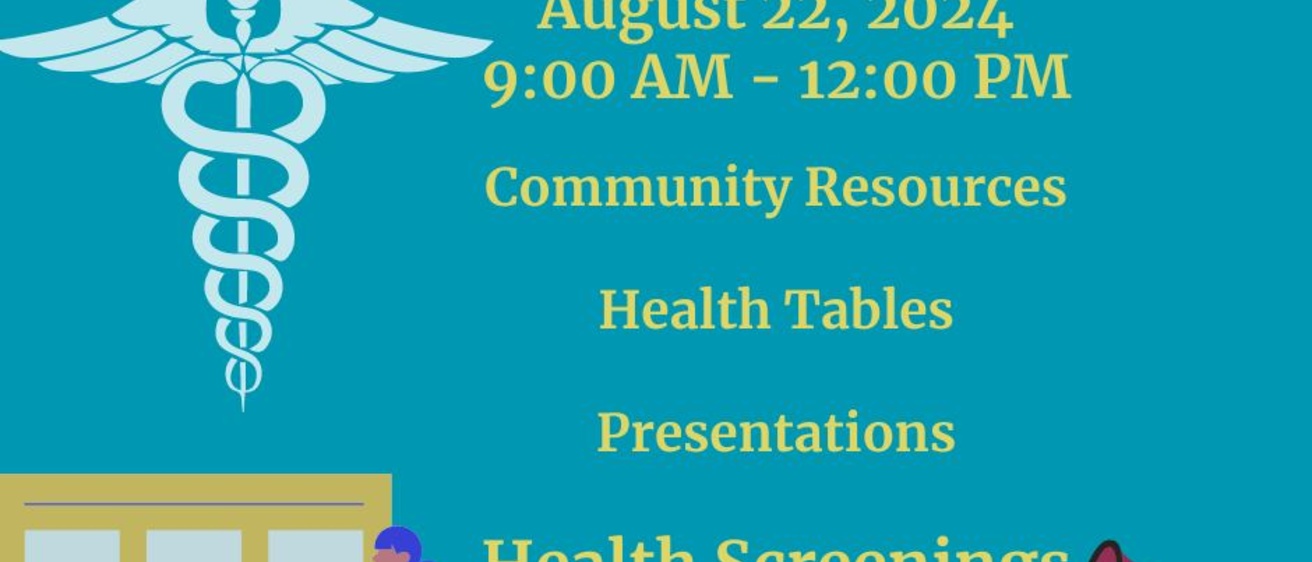 Flyer for a Healthy Aging Fair. Image reads, "Healthy Aging Fair, August 22, 2024, 9:00 AM - 12:00 PM, Community Resources, Health Tables, Presentations, Health Screenings"