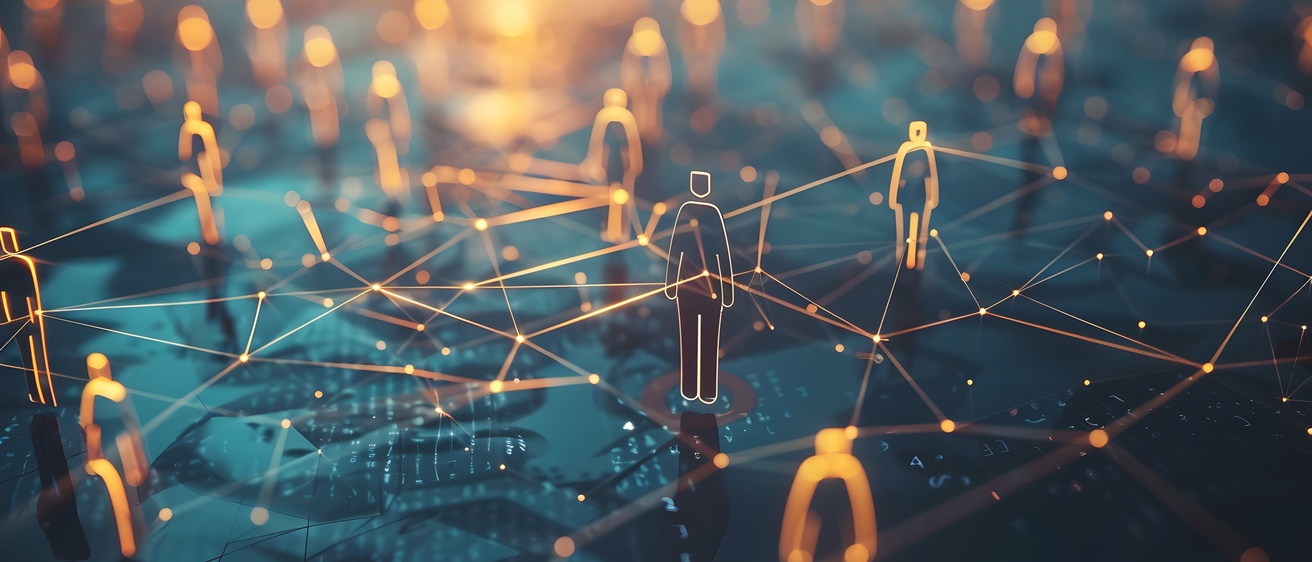Graphics of people are connected by lines on top of a map, representing a network.