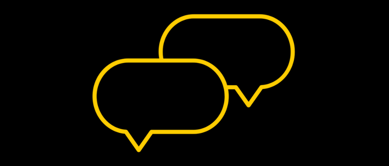 Two gold speech bubble icons on a black background.