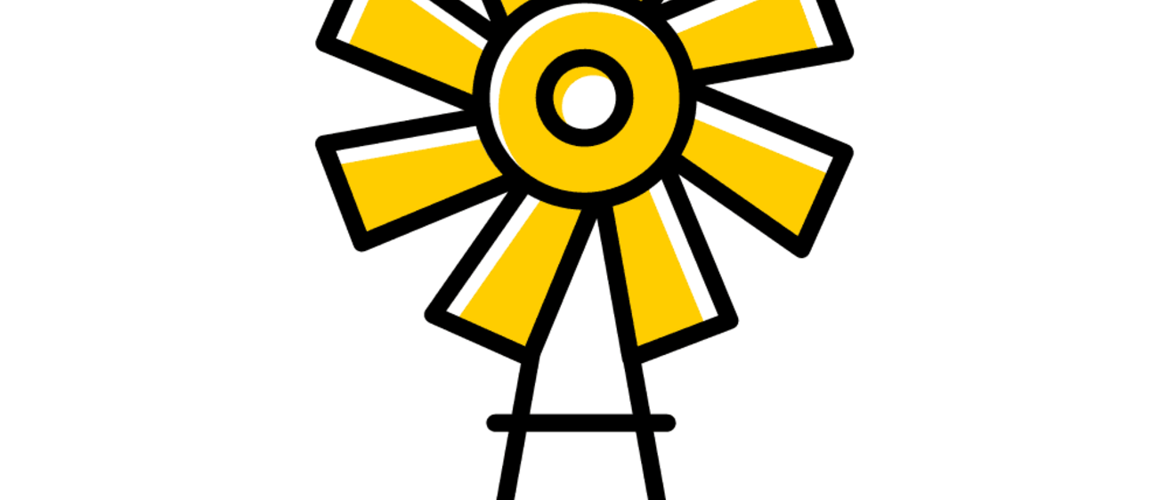Windmill graphic with a black outline and yellow blades.