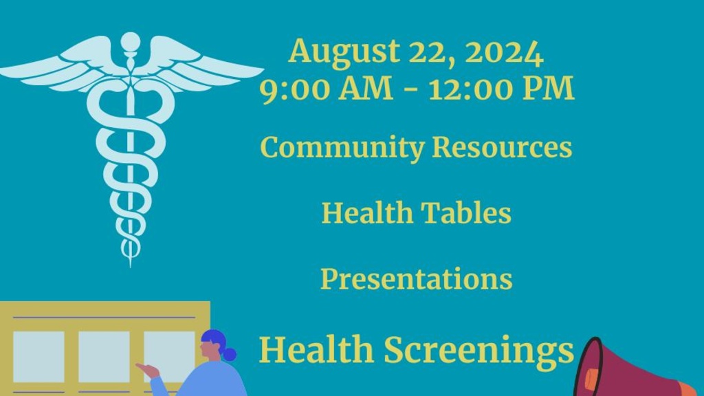 Flyer for a Healthy Aging Fair. Image reads, "Healthy Aging Fair, August 22, 2024, 9:00 AM - 12:00 PM, Community Resources, Health Tables, Presentations, Health Screenings"