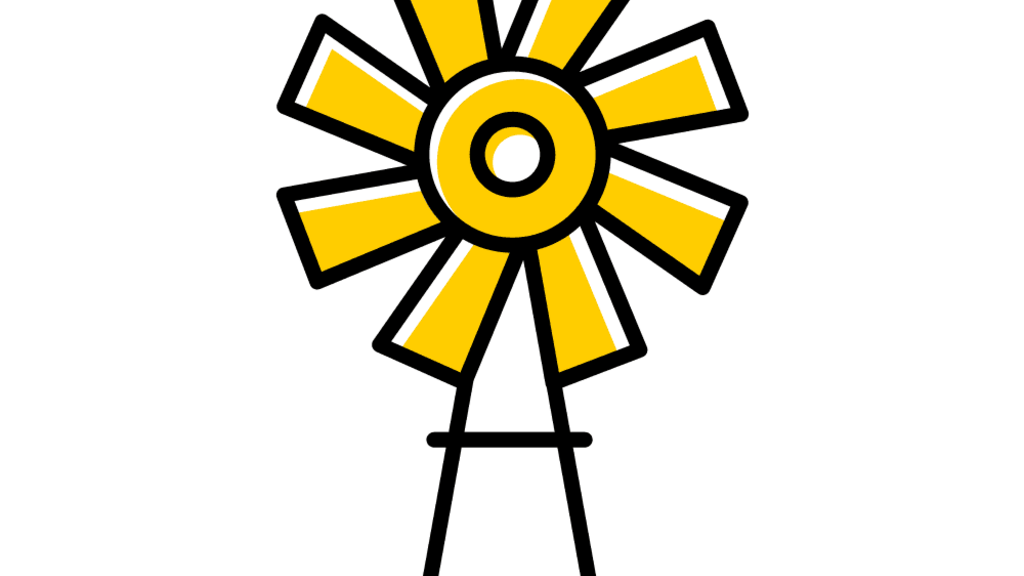 Windmill graphic with a black outline and yellow blades.